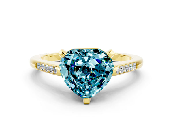 Yellow gold Heart Cut Blue Topaz Solitaire Ring with Channel Set Round  Band and Prong Setting