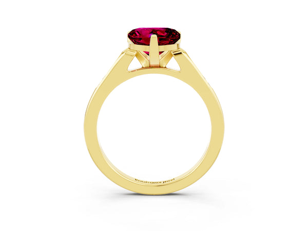 Yellow gold Heart Cut Garnet Solitaire Ring with Channel Set Round  Band and Prong Setting