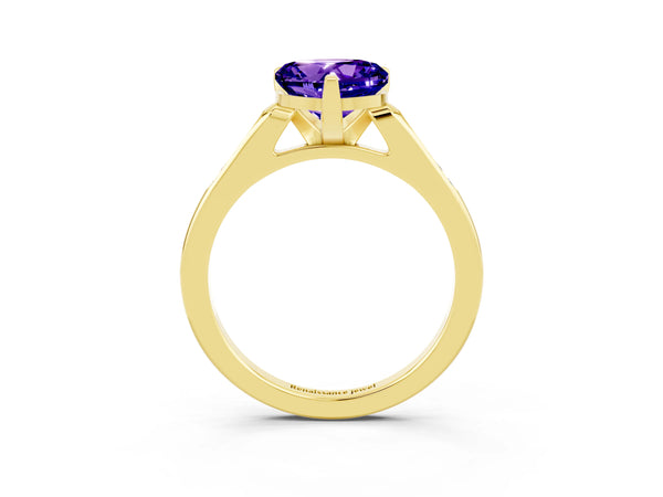 Yellow gold Heart Cut Tanzanite Solitaire Ring with Channel Set Round Band and Prong Setting