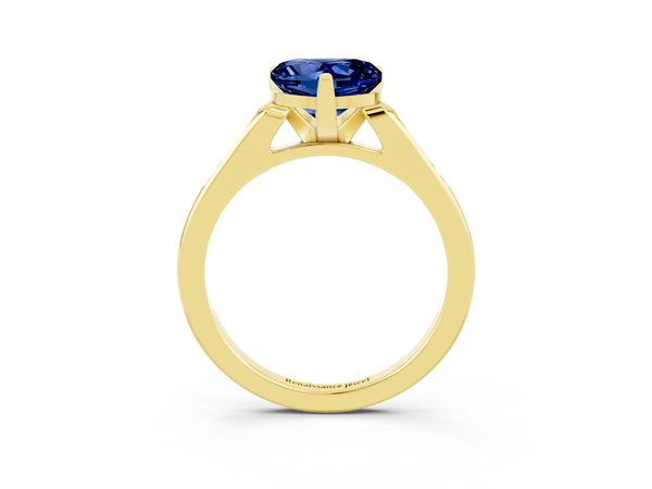 Yellow gold Heart Cut Blue Sapphire Solitaire Ring with Channel Set Round  Band and Prong Setting
