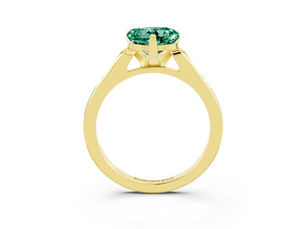 Yellow gold Heart Cut Green Sapphire Solitaire Ring with Channel Set Round Band and Prong Setting