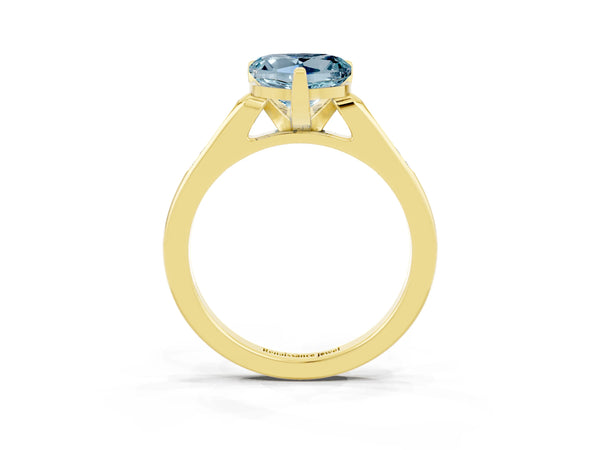 Yellow gold Heart Cut Aquamarine Solitaire Ring with Channel Set Round  Band and Prong Setting