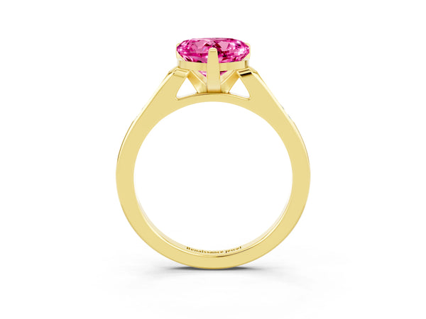 Yellow gold Heart Cut Pink Sapphire Solitaire Ring with Channel Set Round Band and Prong Setting