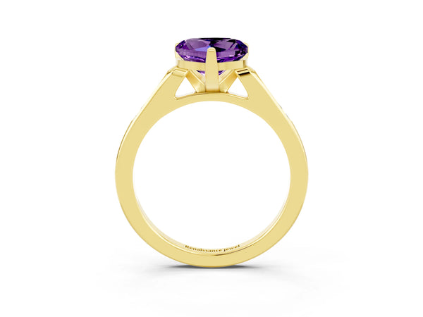 Yellow gold Heart Cut Amethyst Solitaire Ring with Channel Set Round  Band and Prong Setting