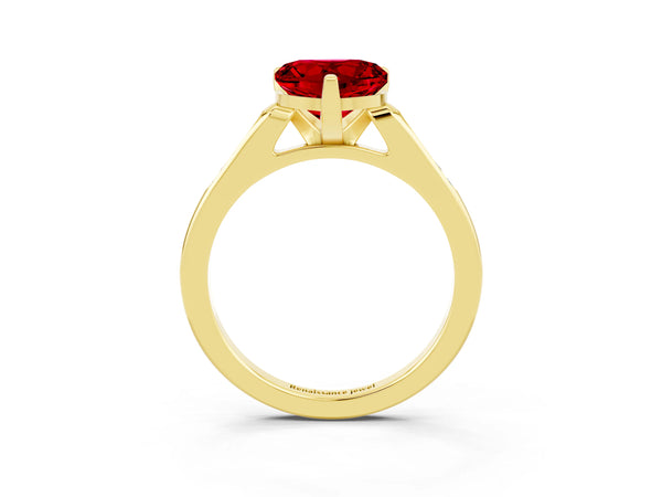 Yellow gold Heart Cut Ruby Solitaire Ring with Channel Set Round  Band and Prong Setting