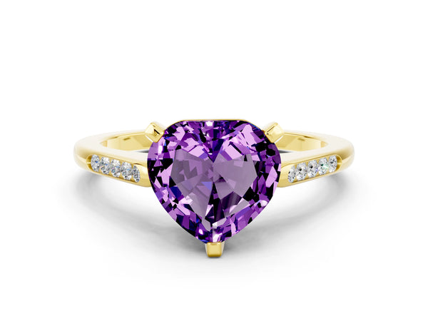 Yellow gold Heart Cut Amethyst Solitaire Ring with Channel Set Round  Band and Prong Setting