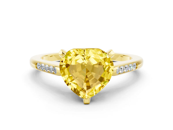 Yellow gold Heart Cut Yellow Sapphire Solitaire Ring with Channel Set Round  Band and Prong Setting