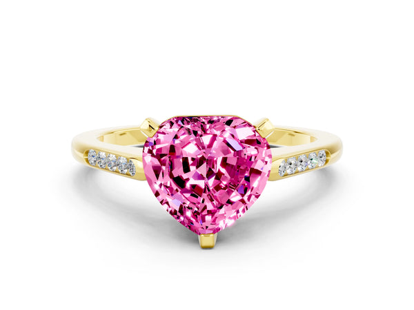 Yellow gold Heart Cut Pink Sapphire Solitaire Ring with Channel Set Round Band and Prong Setting
