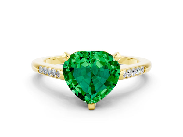 Yellow gold Heart Cut Emerald Solitaire Ring with Channel Set Round  Band and Prong Setting