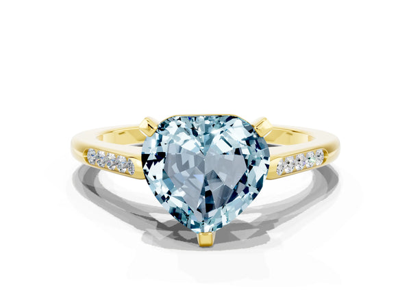 Yellow gold Heart Cut Aquamarine Solitaire Ring with Channel Set Round  Band and Prong Setting