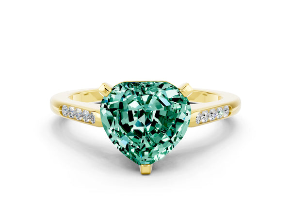 Yellow gold Heart Cut Green Sapphire Solitaire Ring with Channel Set Round Band and Prong Setting