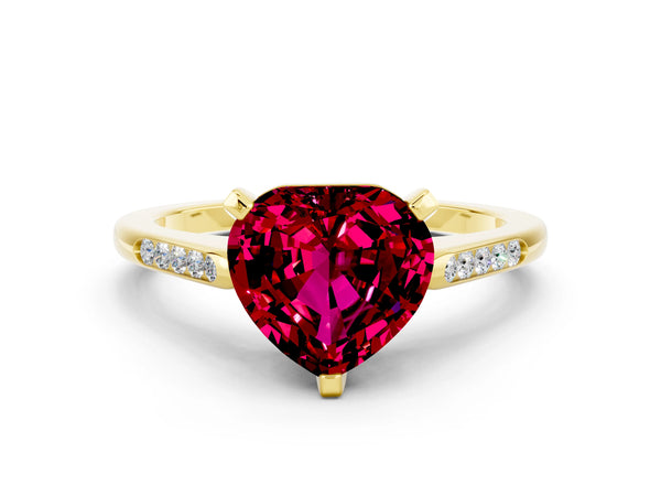 Yellow gold Heart Cut Garnet Solitaire Ring with Channel Set Round  Band and Prong Setting