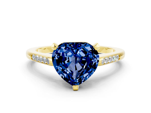 Yellow gold Heart Cut Blue Sapphire Solitaire Ring with Channel Set Round  Band and Prong Setting