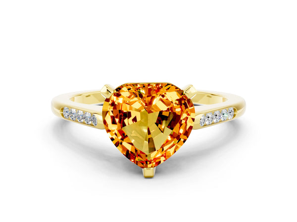 Yellow gold Heart Cut Citrine Solitaire Ring with Channel Set Round Band and Prong Setting