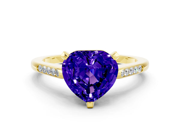 Yellow gold Heart Cut Tanzanite Solitaire Ring with Channel Set Round Band and Prong Setting