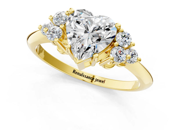 Yellow gold Heart Cut Cut Diamond Cluster Ring with Solitaire Band and Four-Prong Setting