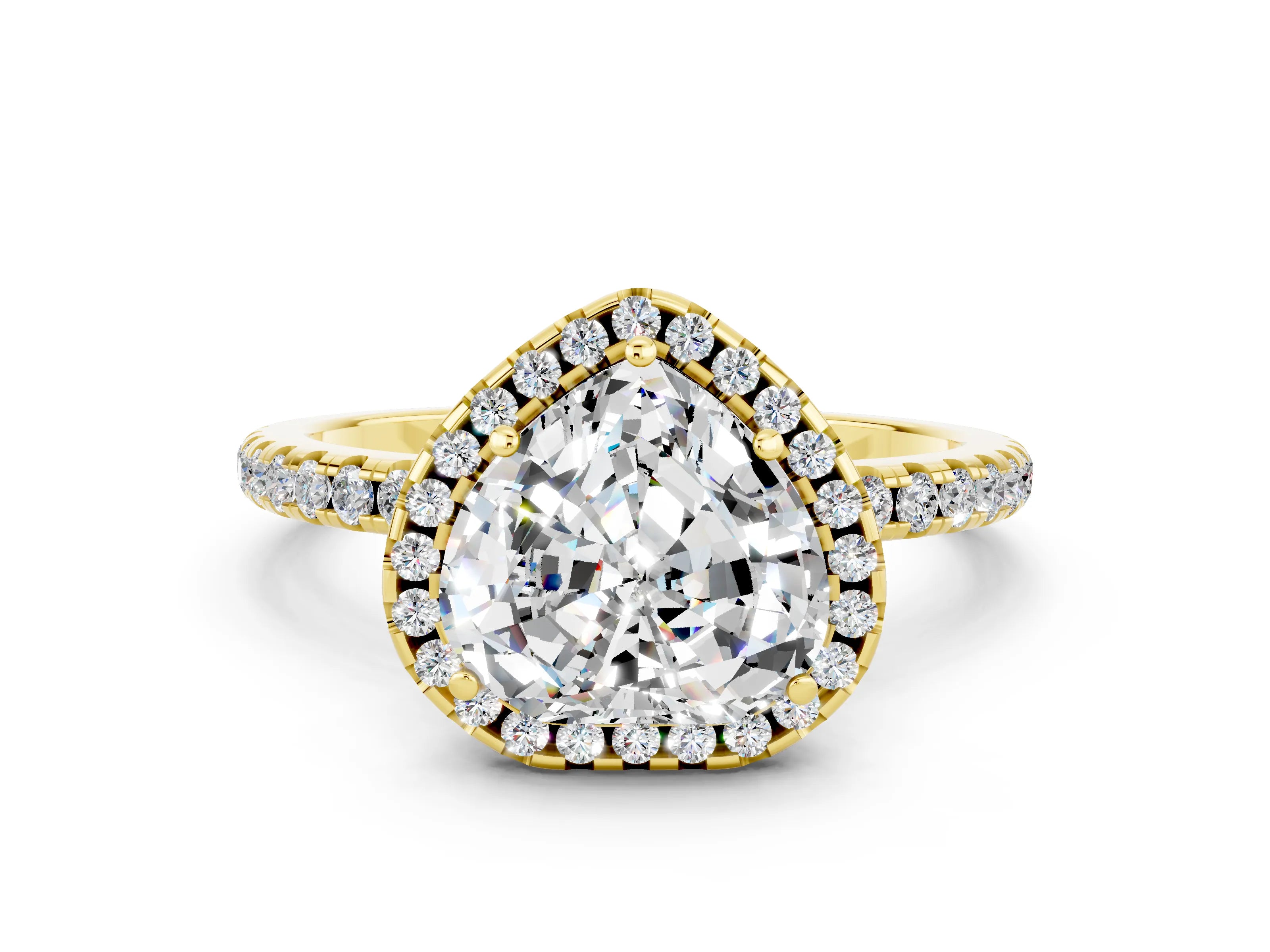 Yellow gold Heart Cut Cut Diamond Floral Halo Engagement Ring with Pavé Band and Prong Setting