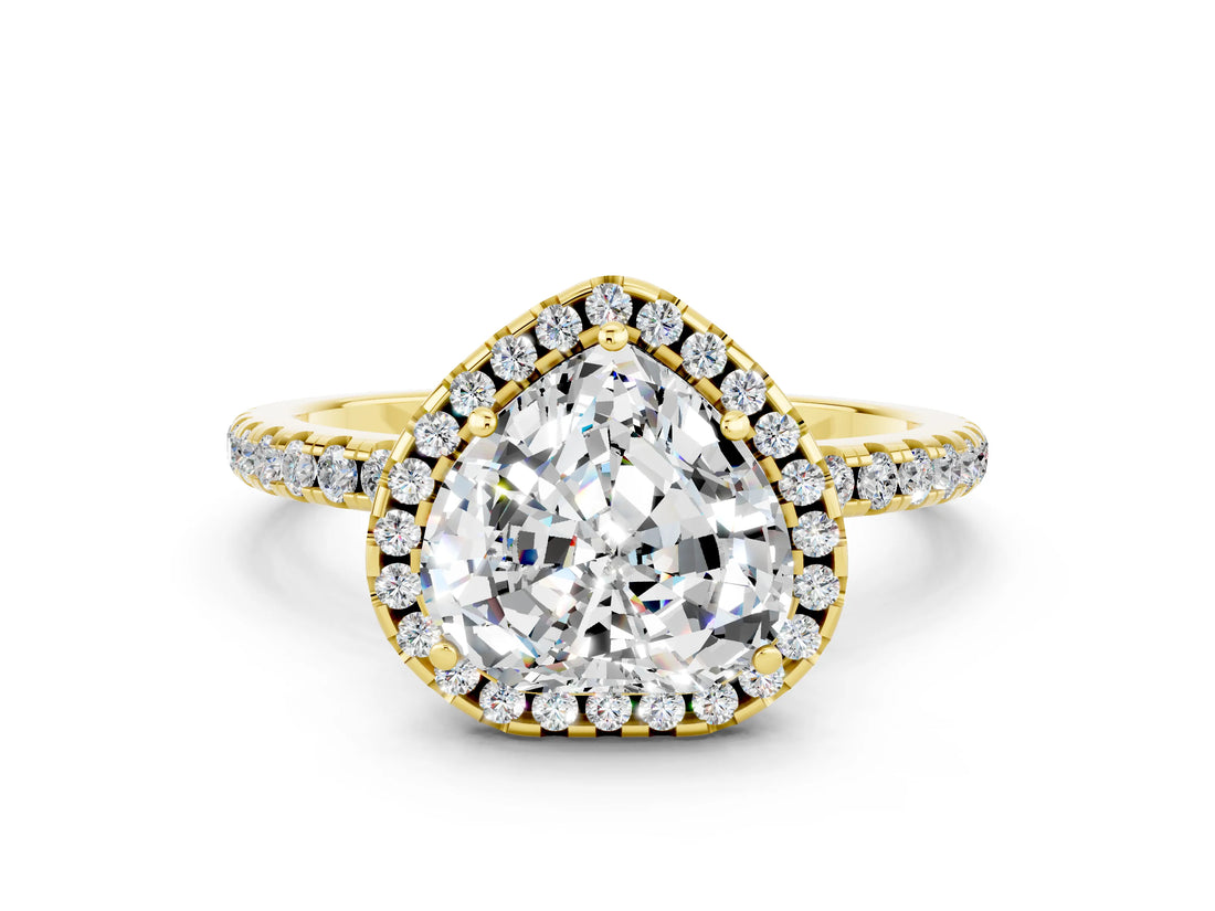 Yellow gold Heart Cut Cut Diamond Floral Halo Engagement Ring with Pavé Band and Prong Setting