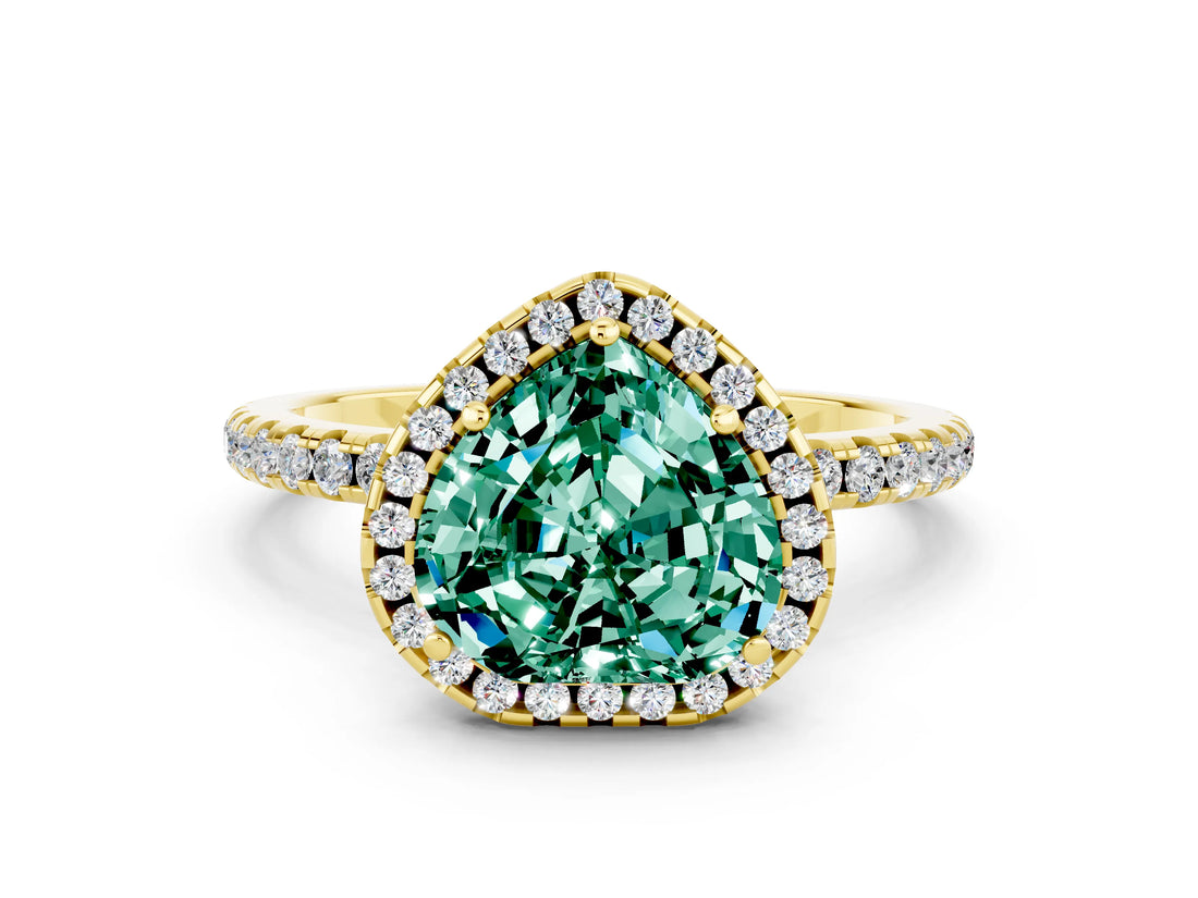 Yellow gold Heart Cut Cut Diamond Floral Halo Engagement Ring with Pavé Band and Prong Setting