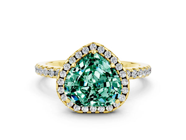 Yellow gold Heart Cut Green Sapphire Halo Engagement Ring with Round Pavé Band and Prong Setting