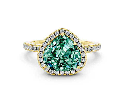 Yellow gold Heart Cut Cut Diamond Floral Halo Engagement Ring with Pavé Band and Prong Setting