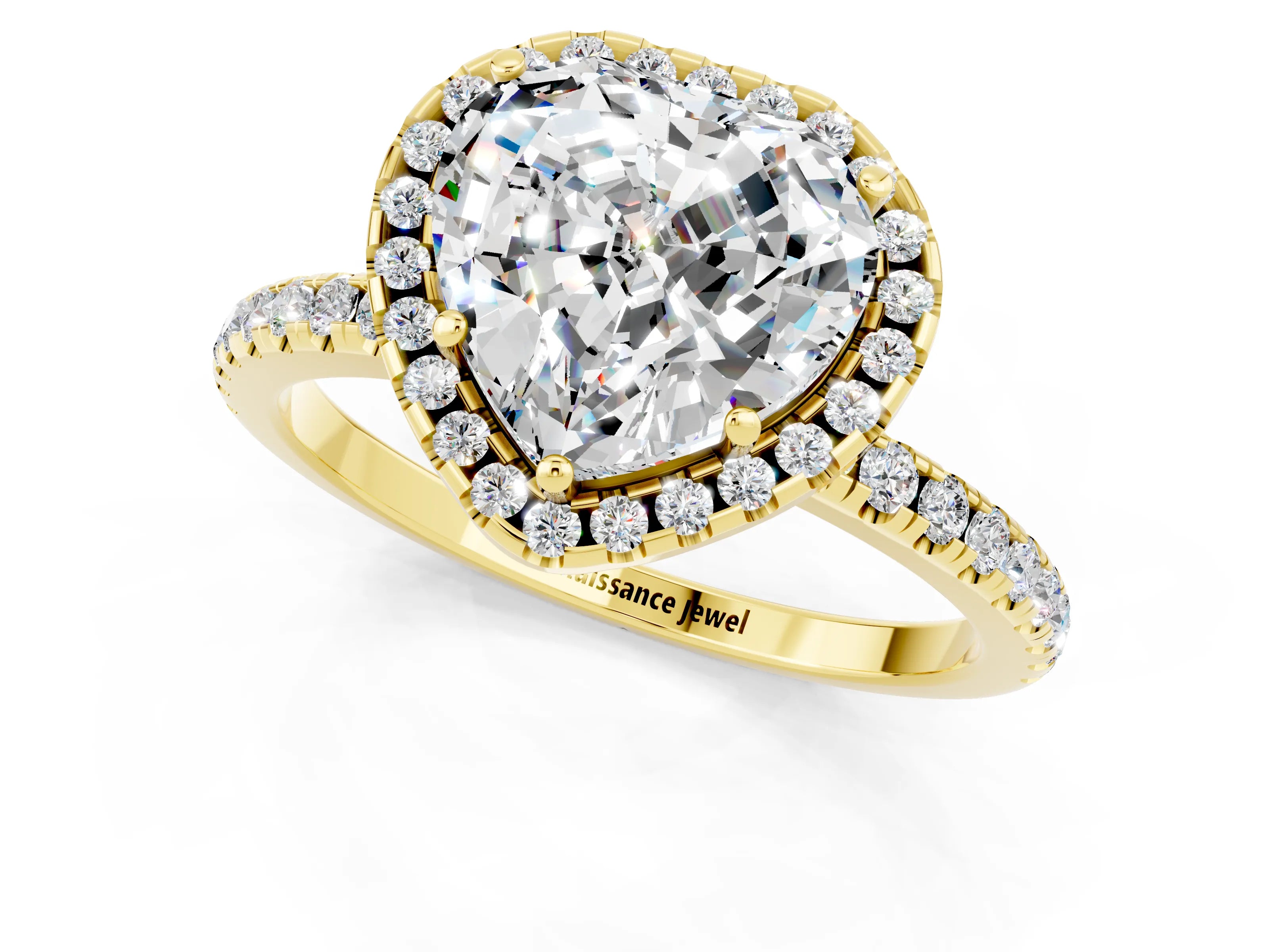 Yellow gold Heart Cut Cut Diamond Floral Halo Engagement Ring with Pavé Band and Prong Setting_1