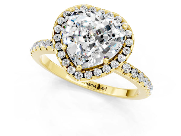 Yellow gold Heart Cut Moissanite Halo Engagement Ring with Round Pavé Band and Prong Setting