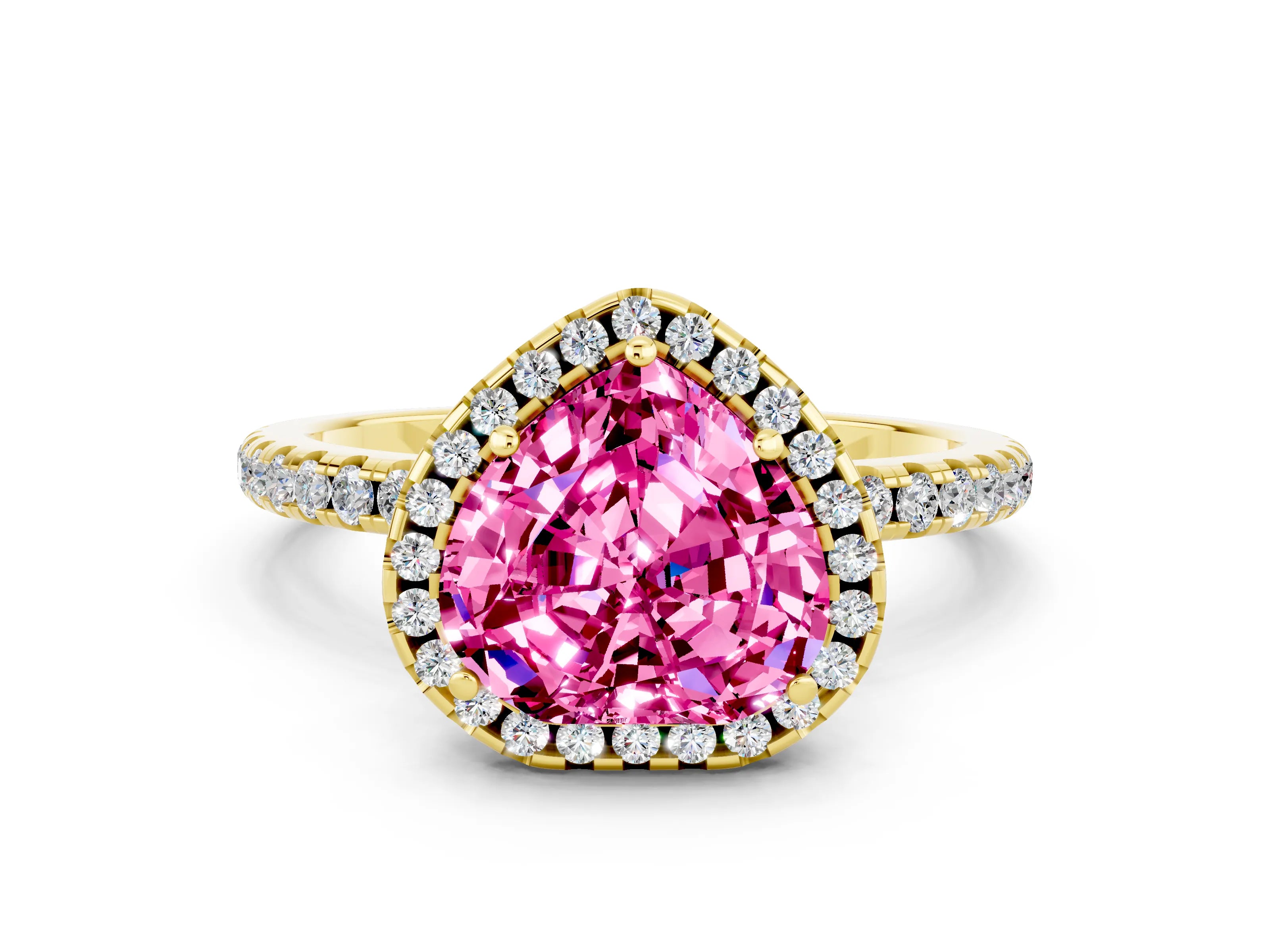 Yellow gold Heart Cut Cut Diamond Floral Halo Engagement Ring with Pavé Band and Prong Setting