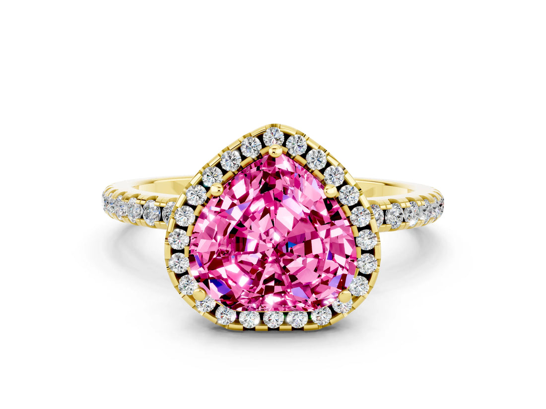 Yellow gold Heart Cut Cut Diamond Floral Halo Engagement Ring with Pavé Band and Prong Setting