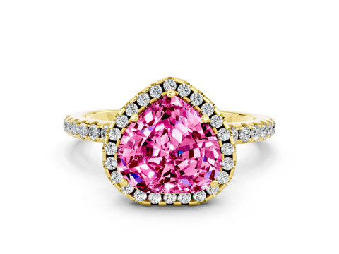Yellow gold Heart Cut Cut Diamond Floral Halo Engagement Ring with Pavé Band and Prong Setting