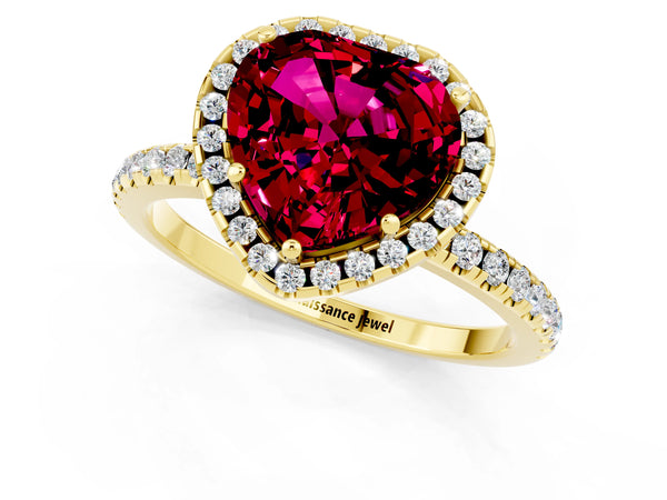 Yellow gold Heart Cut Garnet Halo Engagement Ring with Round Pavé Band and Prong Setting