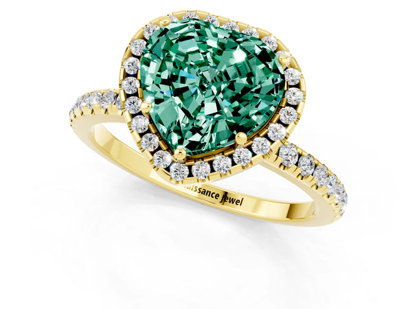 Yellow gold Heart Cut Green Sapphire Halo Engagement Ring with Round Pavé Band and Prong Setting