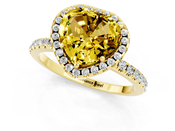 Yellow gold Heart Cut Yellow Sapphire Halo Engagement Ring with Round Pavé Band and Prong Setting