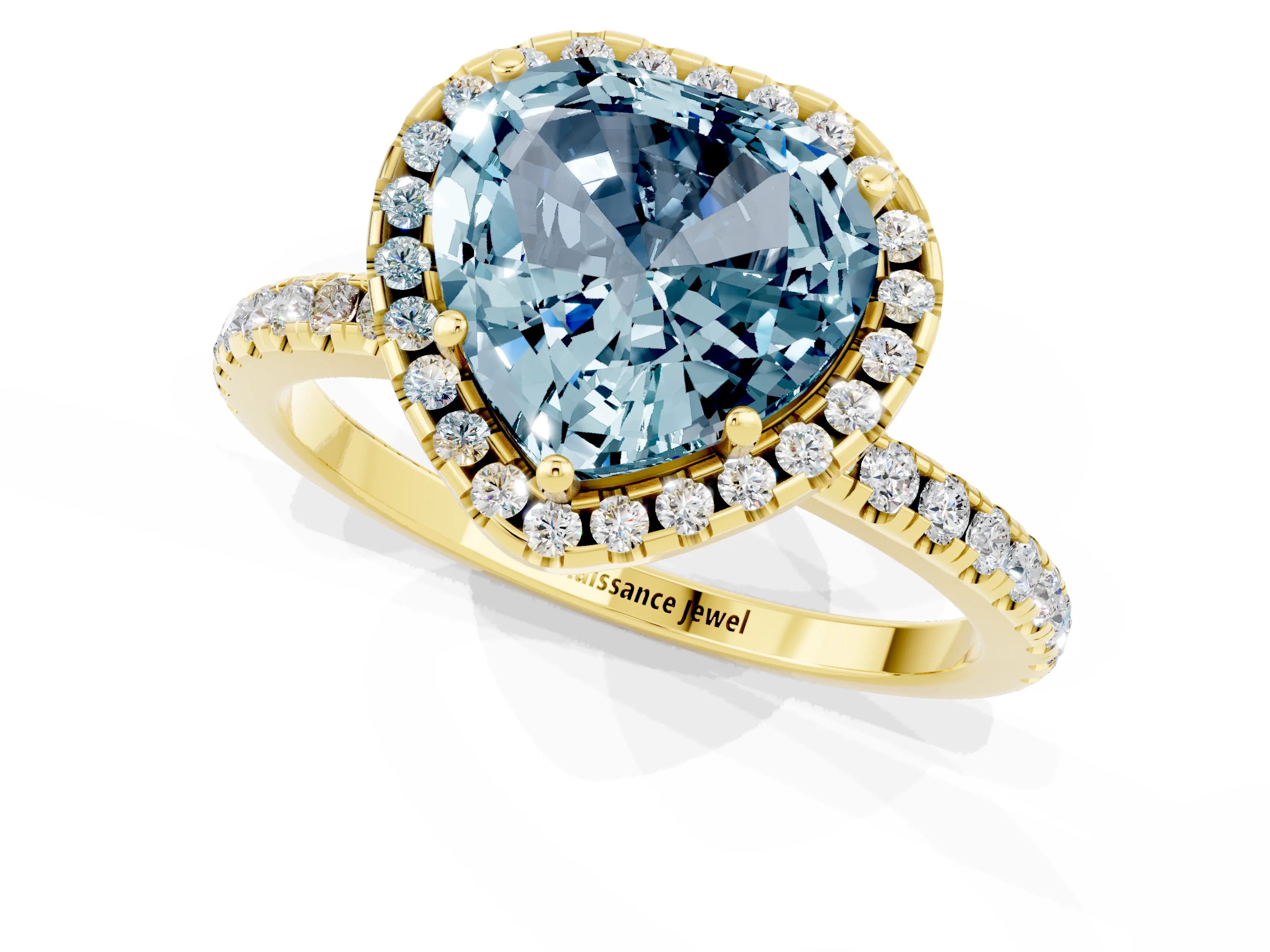 Yellow gold Heart Cut Cut Diamond Floral Halo Engagement Ring with Pavé Band and Prong Setting_1