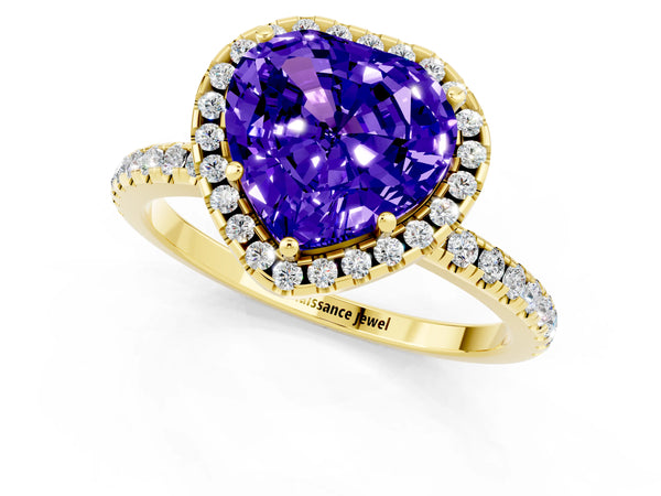 Yellow gold Heart Cut Tanzanite Halo Engagement Ring with Round Pavé Band and Prong Setting