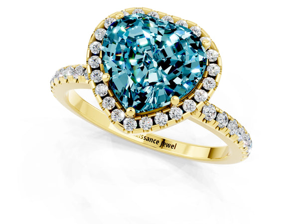 Yellow gold Heart Cut Cut Diamond Floral Halo Engagement Ring with Pavé Band and Prong Setting
