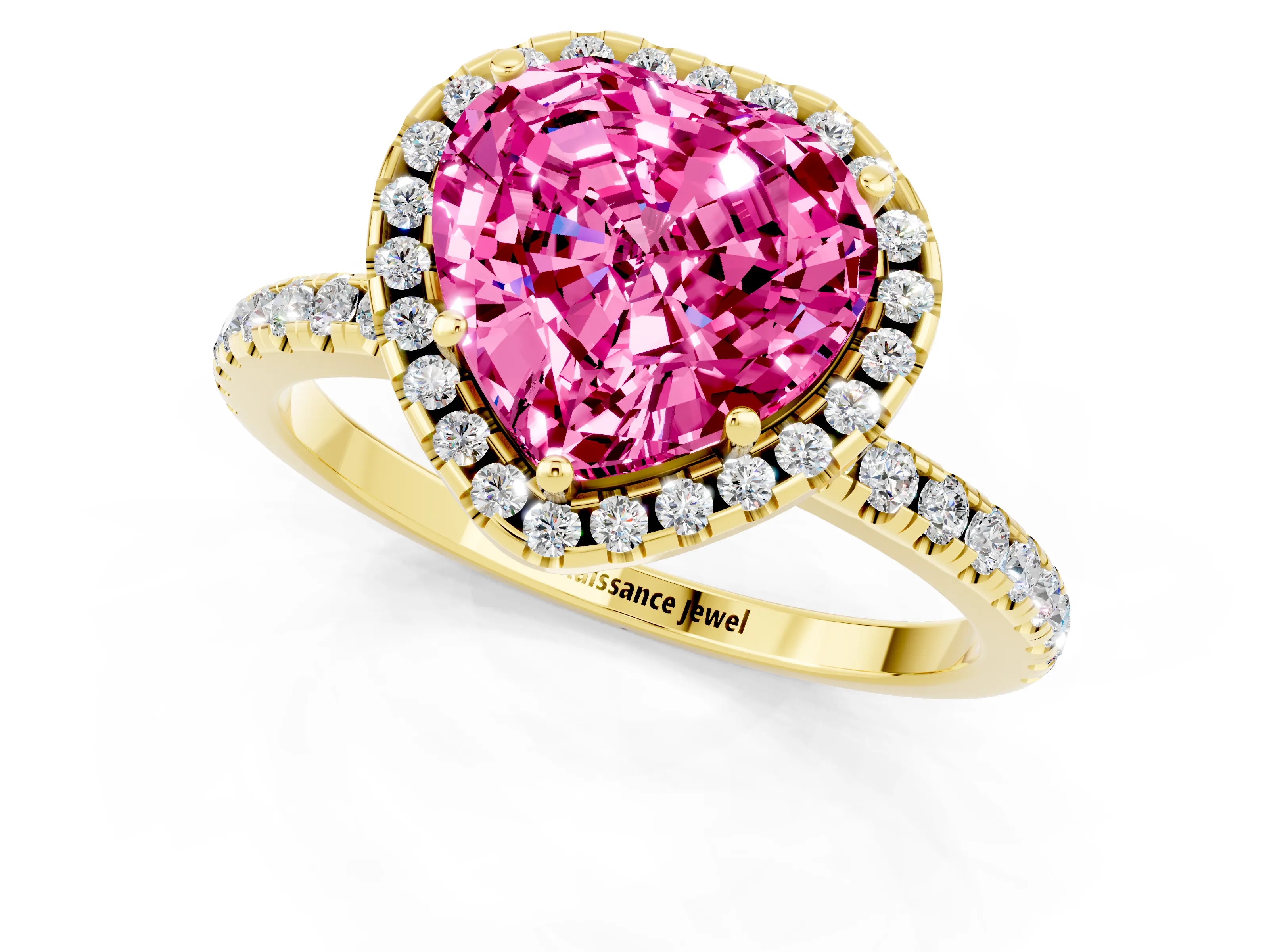 Yellow gold Heart Cut Cut Diamond Floral Halo Engagement Ring with Pavé Band and Prong Setting_1