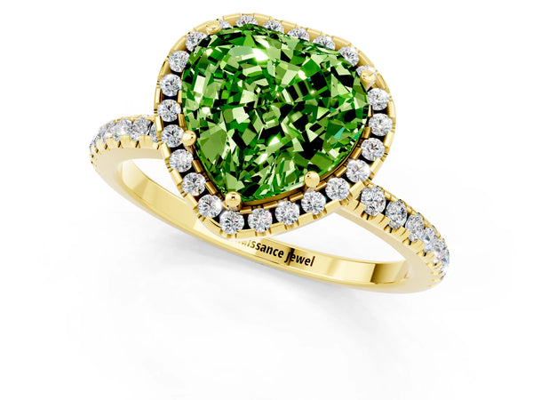 Yellow gold Heart Cut Cut Diamond Floral Halo Engagement Ring with Pavé Band and Prong Setting