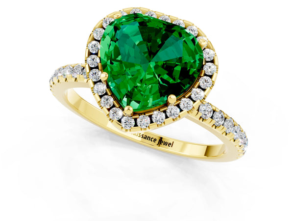 Yellow gold Heart Cut Emerald Halo Engagement Ring with Round Pavé Band and Prong Setting
