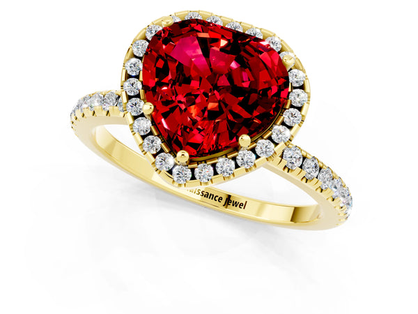 Yellow gold Heart Cut Cut Diamond Floral Halo Engagement Ring with Pavé Band and Prong Setting