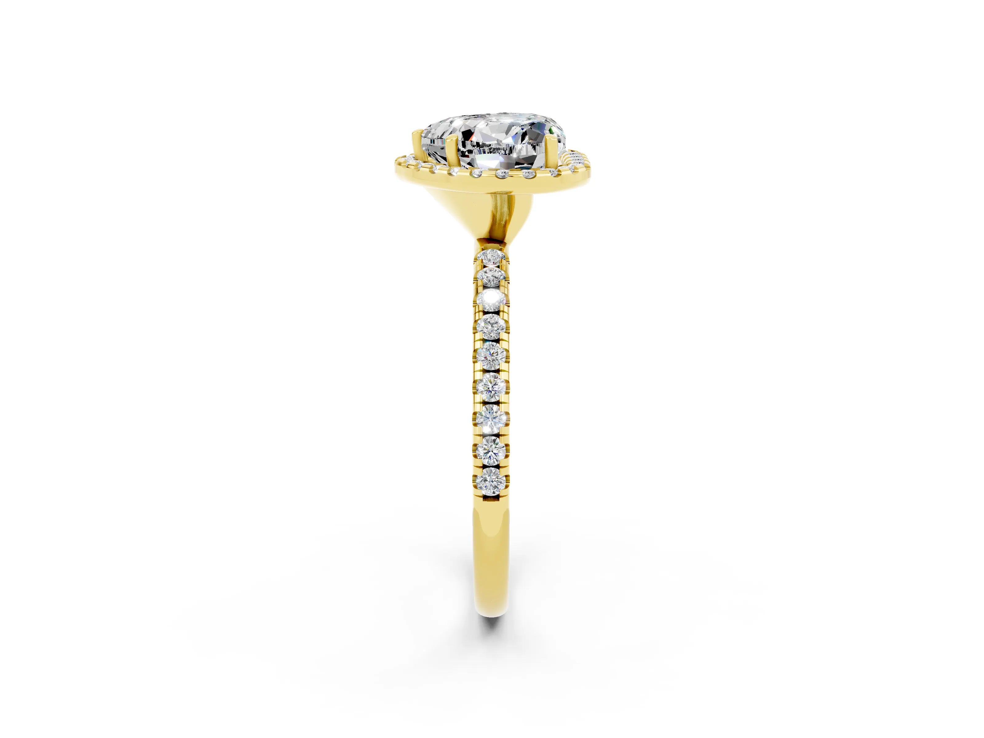 Yellow gold Heart Cut Cut Diamond Floral Halo Engagement Ring with Pavé Band and Prong Setting_2