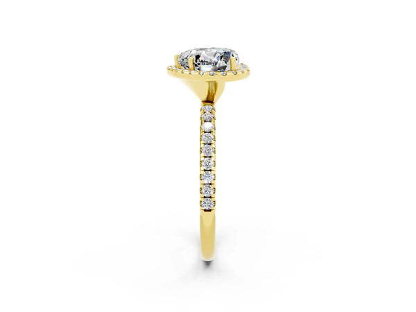 Yellow gold Heart Cut Moissanite Halo Engagement Ring with Round Pavé Band and Prong Setting