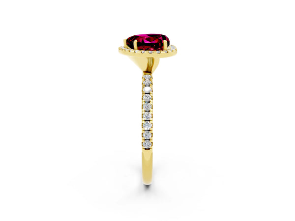 Yellow gold Heart Cut Garnet Halo Engagement Ring with Round Pavé Band and Prong Setting