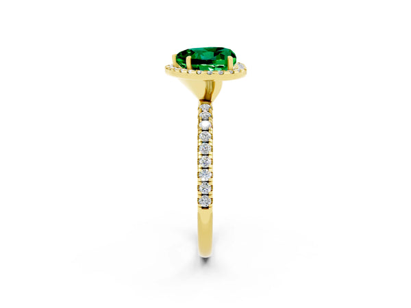 Yellow gold Heart Cut Emerald Halo Engagement Ring with Round Pavé Band and Prong Setting