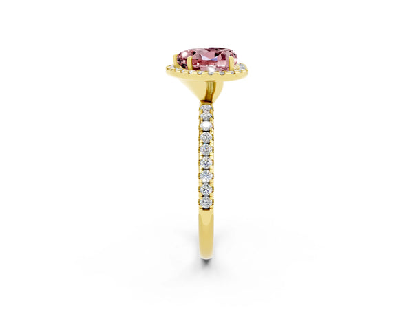 Yellow gold Heart Cut Cut Diamond Floral Halo Engagement Ring with Pavé Band and Prong Setting