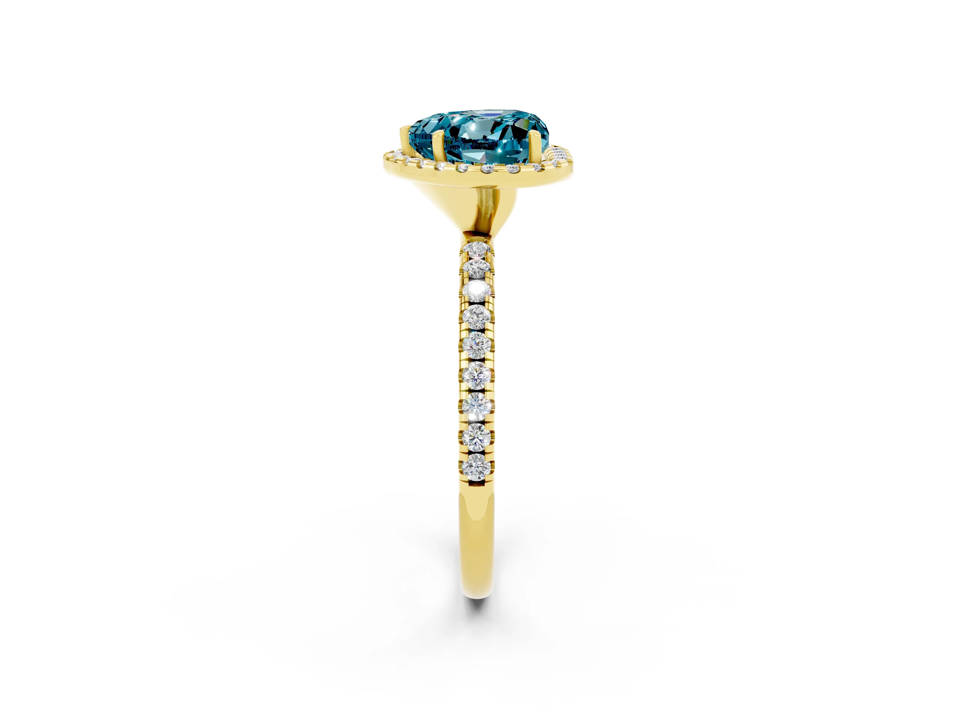 Yellow gold Heart Cut Cut Diamond Floral Halo Engagement Ring with Pavé Band and Prong Setting_2