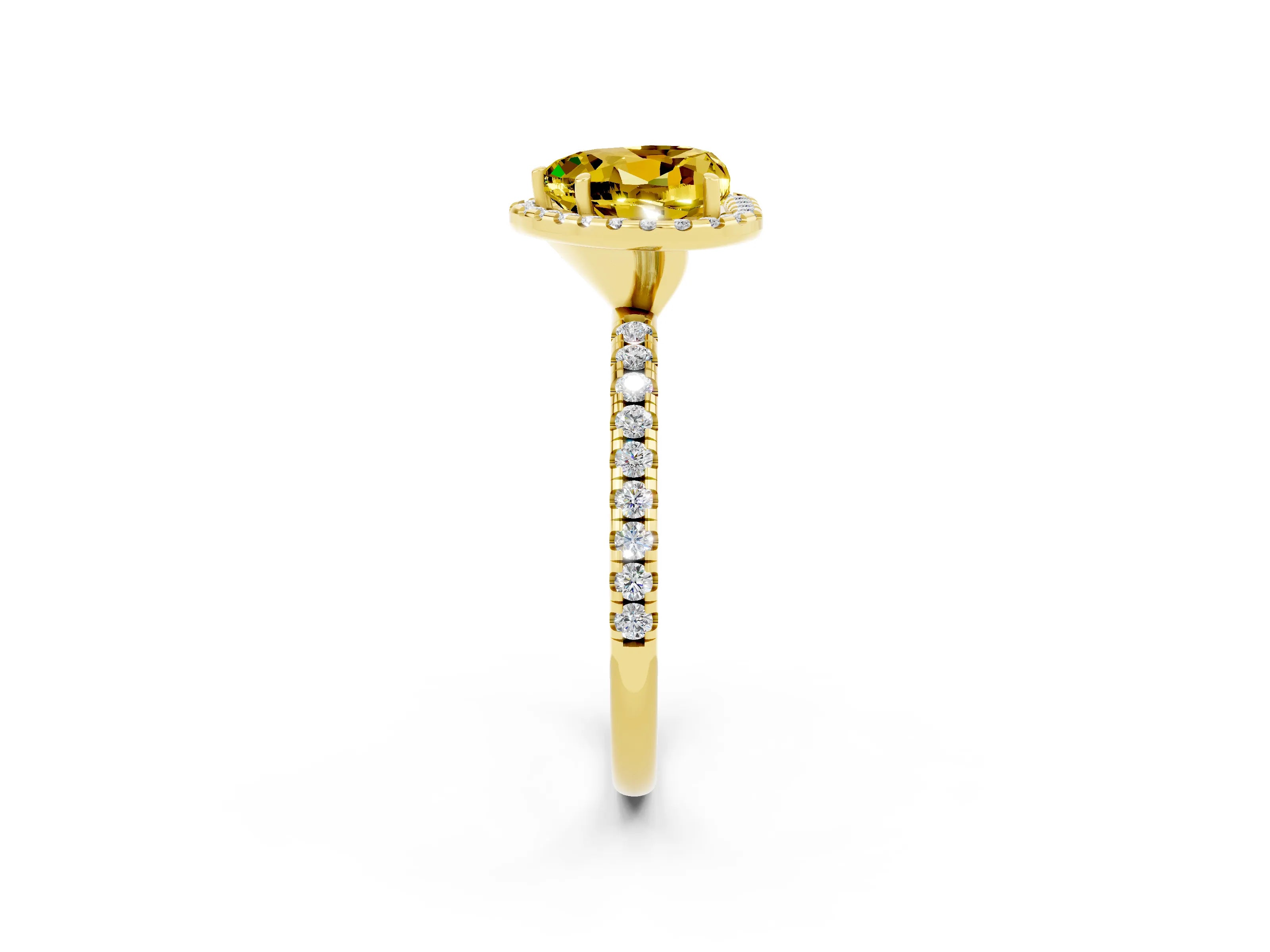 Yellow gold Heart Cut Cut Diamond Floral Halo Engagement Ring with Pavé Band and Prong Setting_2