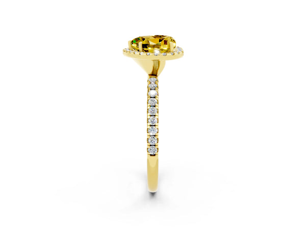 Yellow gold Heart Cut Yellow Sapphire Halo Engagement Ring with Round Pavé Band and Prong Setting