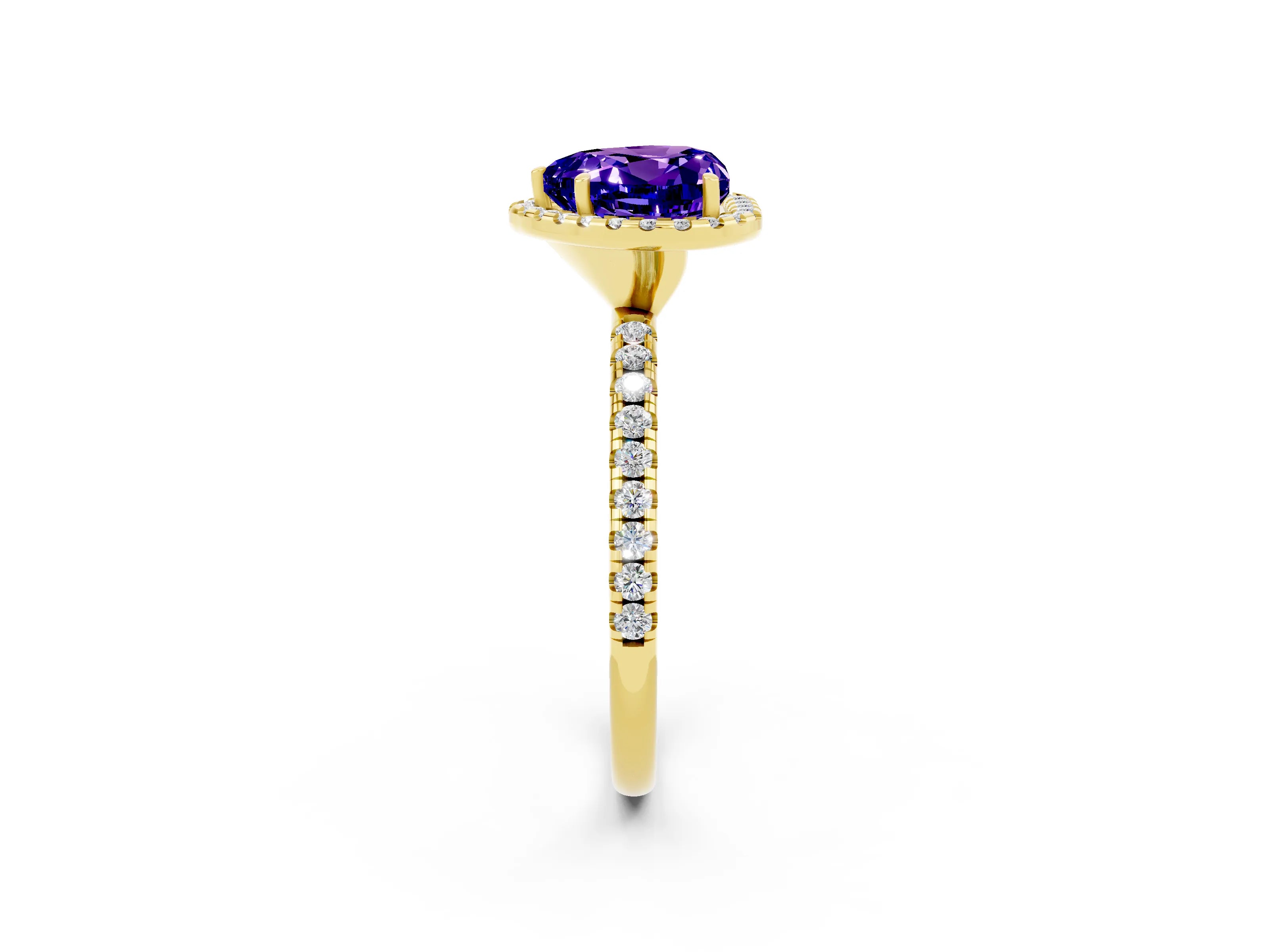 Yellow gold Heart Cut Cut Diamond Floral Halo Engagement Ring with Pavé Band and Prong Setting_2