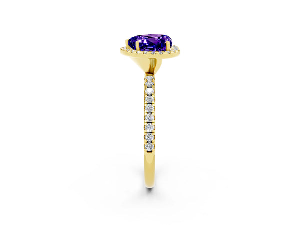 Yellow gold Heart Cut Tanzanite Halo Engagement Ring with Round Pavé Band and Prong Setting